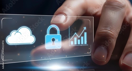 hand holding transparent screen with cloud lock and graph icons for data security and growth  modern technology concept