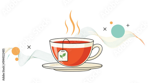 Relaxing illustration of a white ceramic cup of hot red tea with a tea bag and steam, set against a background of wavy lines and circles.