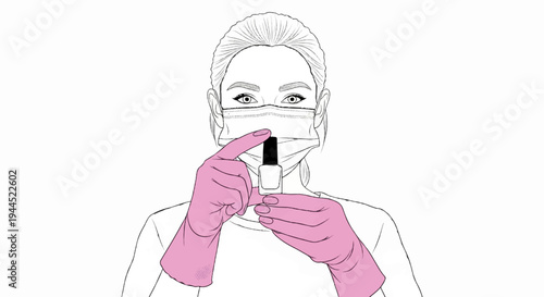 Woman with mask and gloves holds nail polish bottle