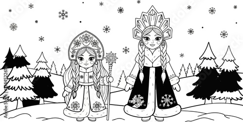 Two winter maidens in festive attire stand in a snowy landscape with pine trees