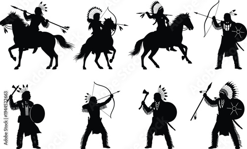 Native American warrior silhouette, horseback rider, traditional weapons, bow and arrow, tomahawk, shield, headdress, culture, history, tribal, combat