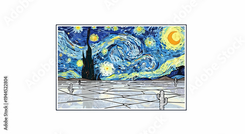 A surreal desert landscape under a swirling, starry night sky with a crescent moon