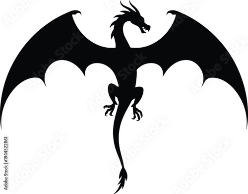Majestic flying dragon silhouette with large wings, horns, claws, and fierce open mouth representing fantasy mythology, mythical creature design, and powerful folklore illustration.