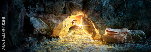 Resurrection - Empty Tomb With Stone Rolled Away - Jesus Is Risen - Entrance In Cave - Crosses On Hill At Sunset With Abstract Sunlight