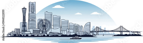 Stylized blue-toned line art skyline with modern buildings, bridge, and boat