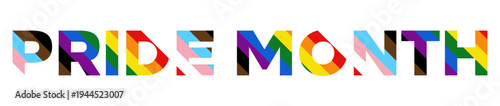 Pride Month text isolated, LGBT rainbow flag typography logo