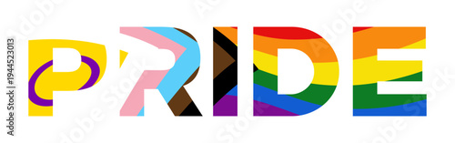 Pride text logo with progress pride flag background isolated