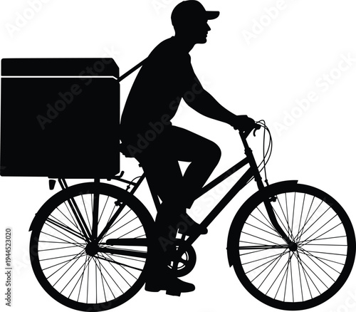 Black silhouette of delivery cyclist wearing cap and carrying large box on back, symbolizing urban transport, courier service, fast delivery, and modern logistics.