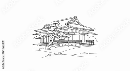 Traditional Japanese pavilion with a gnarled pine tree and rolling hills
