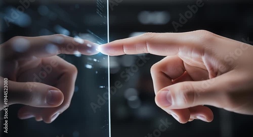 hand touching a glowing screen with finger technology interface  futuristic interaction