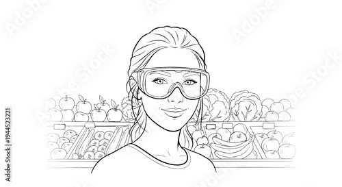 Young woman wearing goggles stands before a display of fresh fruits and vegetables