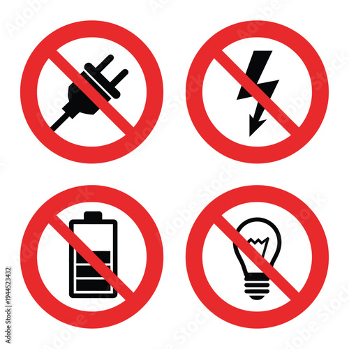 Set of electrical warning signs with forbidden symbols for plug lightning bolt battery and light bulb on transparent background