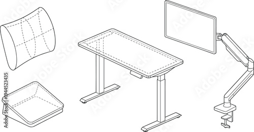 Ergonomic office setup line art vector illustration with adjustable standing desk monitor arm laptop stand and lumbar support cushion workspace accessories