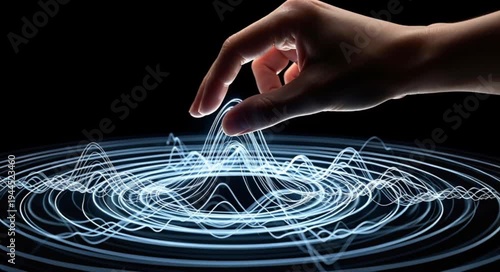 human hand touching glowing blue concentric circles on dark surface technology concept