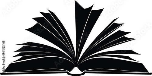 An open book with pages spread wide in a striking black and white illustration