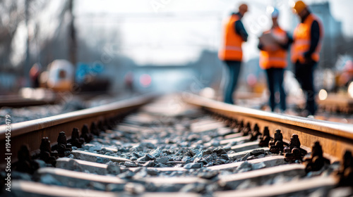 Wallpaper Mural Railway track gravel steel engineer worker safety construction maintenance transport railway track with gravel and steel focus, engineer worker safety construction maintenance transport background Torontodigital.ca