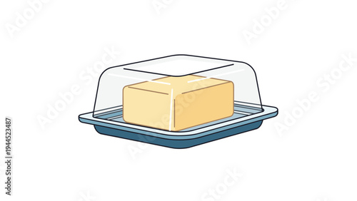 Simple illustration of a yellow block of butter inside a dark blue dish with a clear glass or plastic lid on a white background.