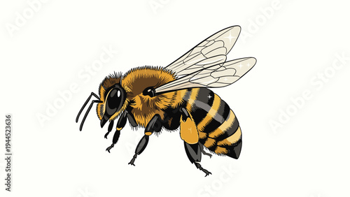 Scientific and detailed illustration of a honey bee shown from a side profile with realistic textures on its body and wings on white.