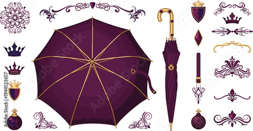 Luxury royal umbrella collection with ornate decorative elements crowns shields and vintage ornaments elegant classic style vector illustration set