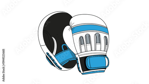Pair of white and blue professional boxing focus pads for training and developing punching speed and accuracy in combat sports.