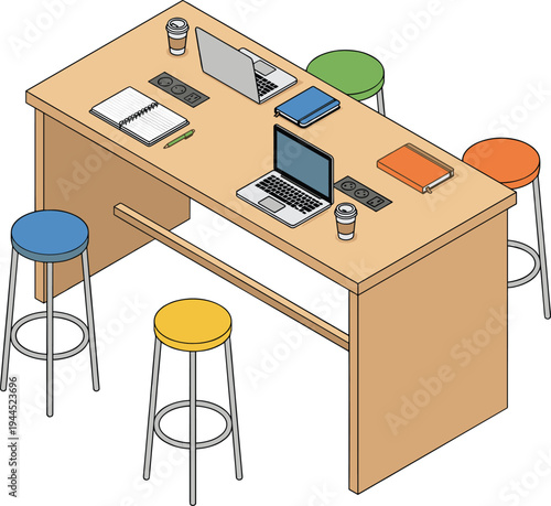 Modern coworking workspace table with laptops notebooks coffee cups and colorful stools isometric vector illustration collaborative office desk setup