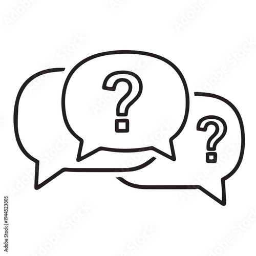A simple line drawing of three speech bubbles with question marks