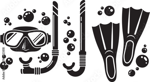 Scuba diving equipment illustration with snorkel gear and flippers