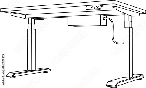 Adjustable standing desk technical line art vector illustration with electric height control panel modern ergonomic workstation furniture outline isolated on white background
