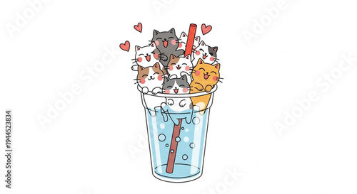 Cute cartoon cats and dogs overflowing from glass with hearts and straw illustration, happy pet love concept, vector flat design