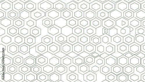 Abstract geometric pattern featuring green outlined hexagons of various sizes randomly arranged on a clean white background.