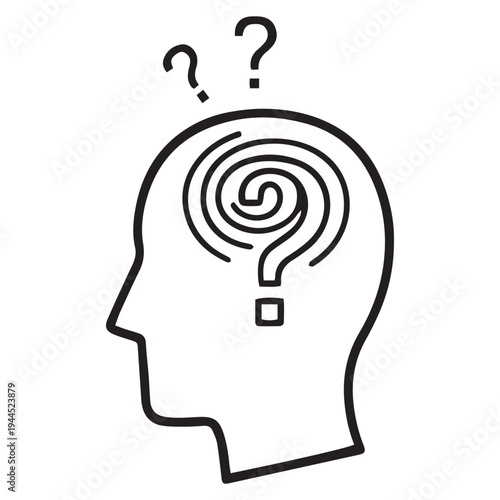 A black and white illustration of a human head with a maze inside and question marks floating above