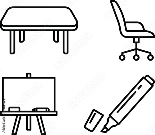 Office furniture and stationery line icons set including desk chair whiteboard marker representing workplace equipment, education tools and modern office essentials