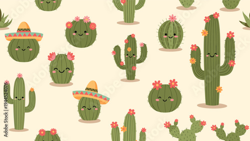 Seamless pattern with cute smiling cartoon cactus characters wearing sombreros and flowers for a festive desert theme background.