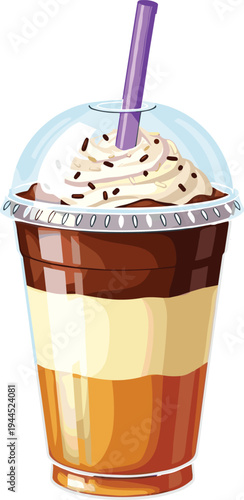 Iced coffee frappe drink illustration, layered caramel chocolate milk beverage with whipped cream topping, plastic cup takeaway dessert, cafe menu cold drink vector