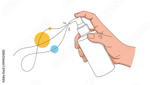 Hand holding a pump bottle and dispensing liquid with colorful abstract circular patterns in the background for skincare theme.