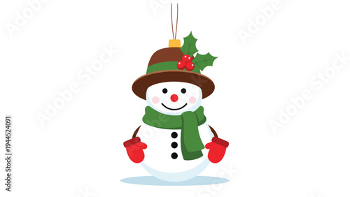 Festive christmas snowman ornament wearing a brown hat green scarf and red mittens for holiday tree decoration illustration.