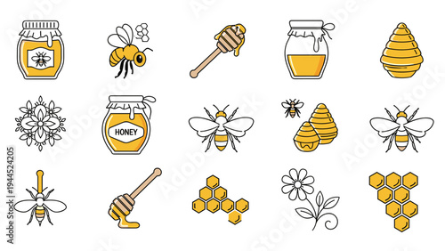 Large collection of honey and bee related icons including jars dippers honeycomb and flowers for organic product branding.