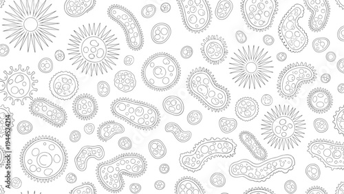 Black and white pattern featuring various types of bacteria and microorganisms for science and biology education concepts.
