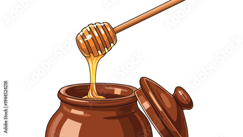 Honey dipper dripping fresh honey into a ceramic jar with its lid on the side for food and organic product illustration.