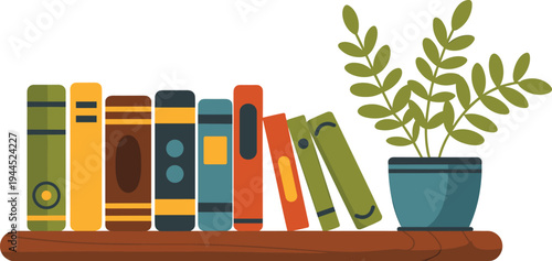 Colorful books on wooden shelf with decorative potted plant flat vector illustration representing home library, reading culture, education concept and interior decor