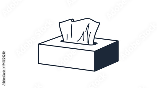 Simple black and white line drawing of a tissue box with a single tissue partially pulled out on a white background.