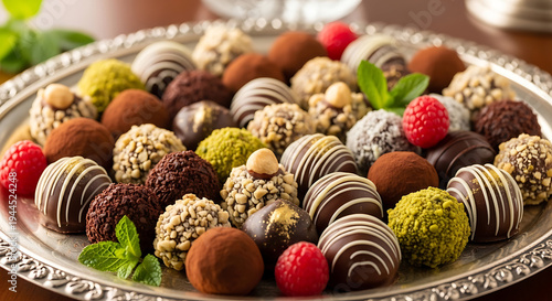 An exquisite collection of artisanal chocolate truffles, featuring diverse flavors and textures, elegantly presented on a silver platter for a luxurious dessert experience