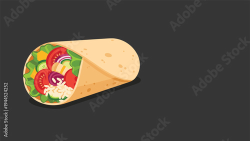 Delicious burrito wrap illustration filled with meat rice lettuce tomato and red onion for mexican food theme on dark background.