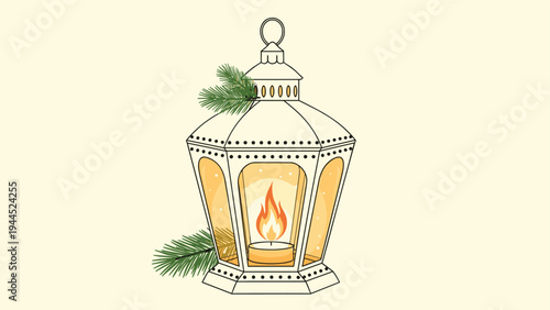 Ornate white lantern illustration with a lit candle inside and pine branches for cozy winter and holiday theme decoration.