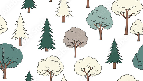 Seamless pattern with various stylized trees in shades of green cream and gray for forest and nature theme background design.
