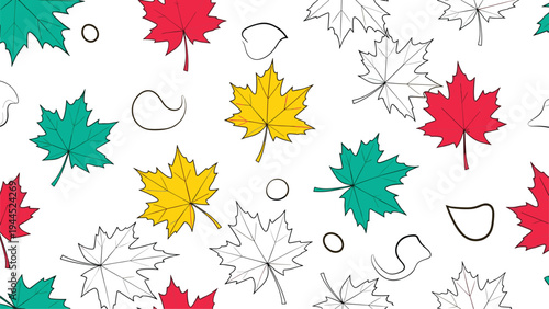 Seamless pattern with colorful maple leaves and outlines in red yellow and green for autumn season and nature background.