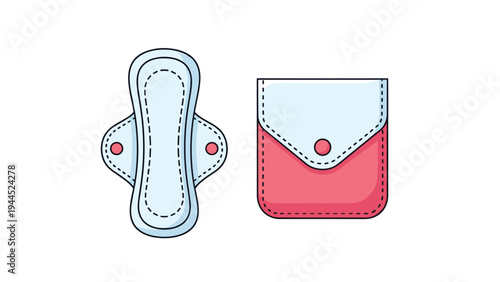 Reusable cloth sanitary pad and its matching storage pouch in pink and blue for sustainable feminine hygiene and health care.