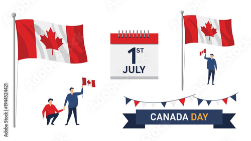 Canada day celebration elements set with flags people calendar and bunting for patriotic holiday and national event design.
