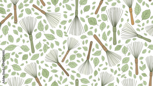 Seamless pattern of garden rakes and green leaves on a white background for gardening and landscaping theme wallpaper.