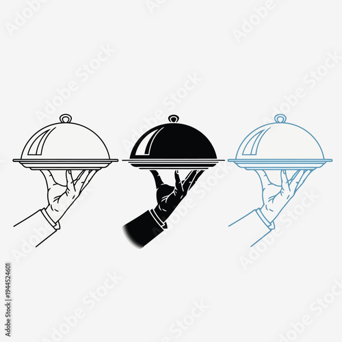 Illustration of vector illustration of three hands holding cloche dishes in different colors and styles vector